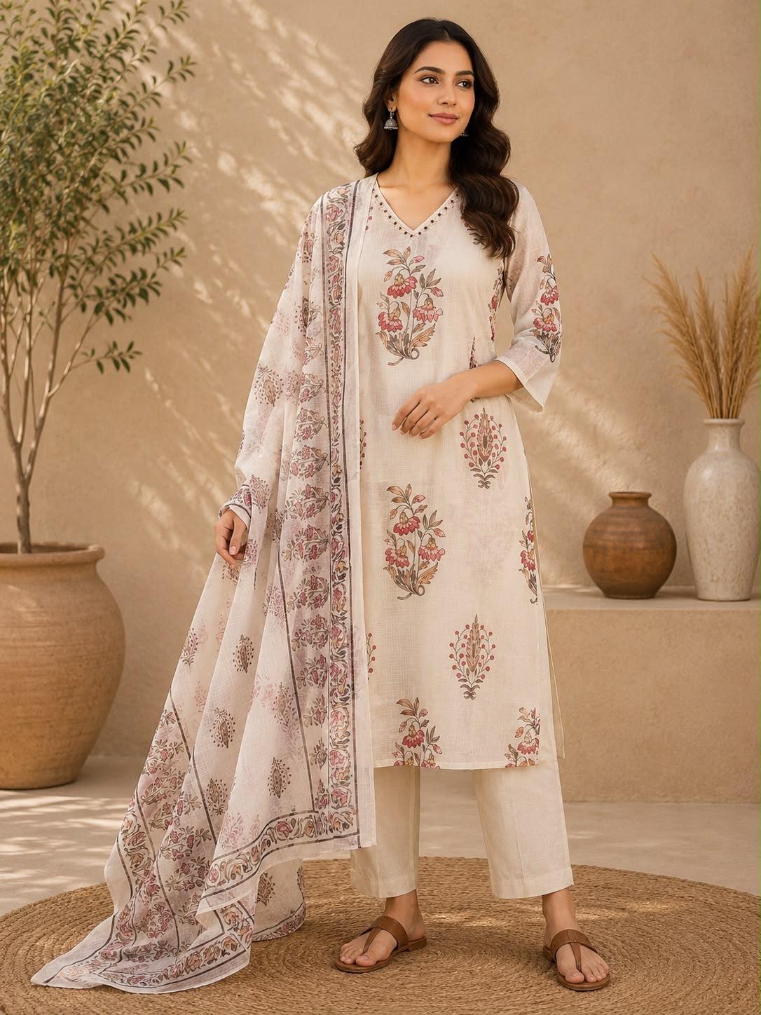 Ivory Floral Buta Block Print Straight Kurta Pant Dupatta Set