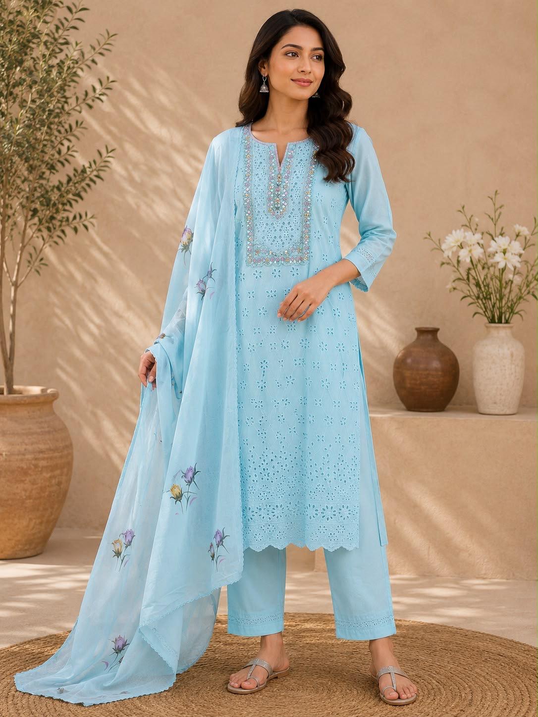 Powder Blue Schiffli Eyelet Mirror Work Embroidered Yoke Kurta Pant Dupatta Set