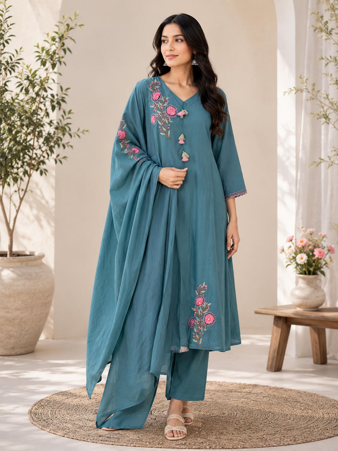 Steel Teal Blue Floral Embroidered Anarkali Kurta Pant Dupatta Set