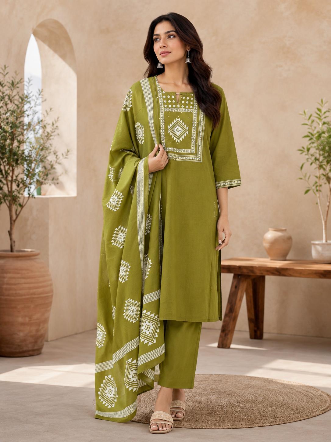 Lime Green Aztec Geometric Yoke Embroidered Straight Kurta Pant Dupatta Set