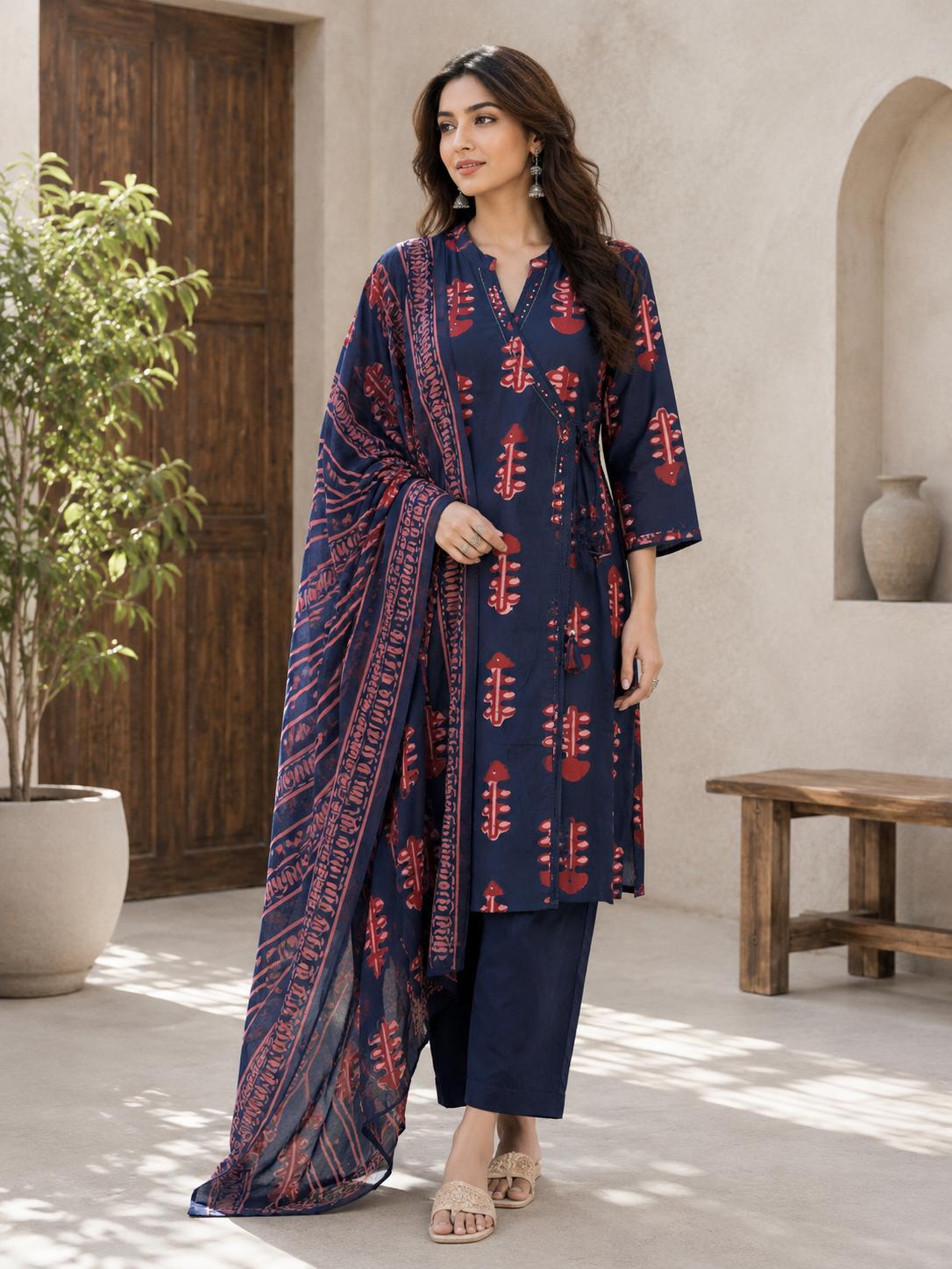 Navy Blue Red Botanical Block Print Wrap Style Kurta Pant Dupatta Set