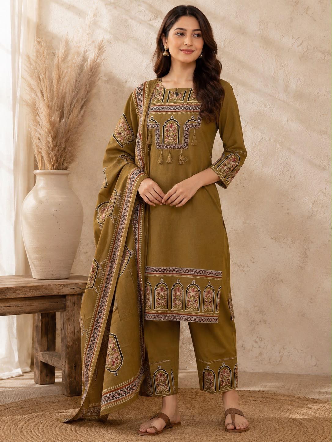Khaki Olive Jharokha Arch Border Print Kurta Pant Dupatta Set