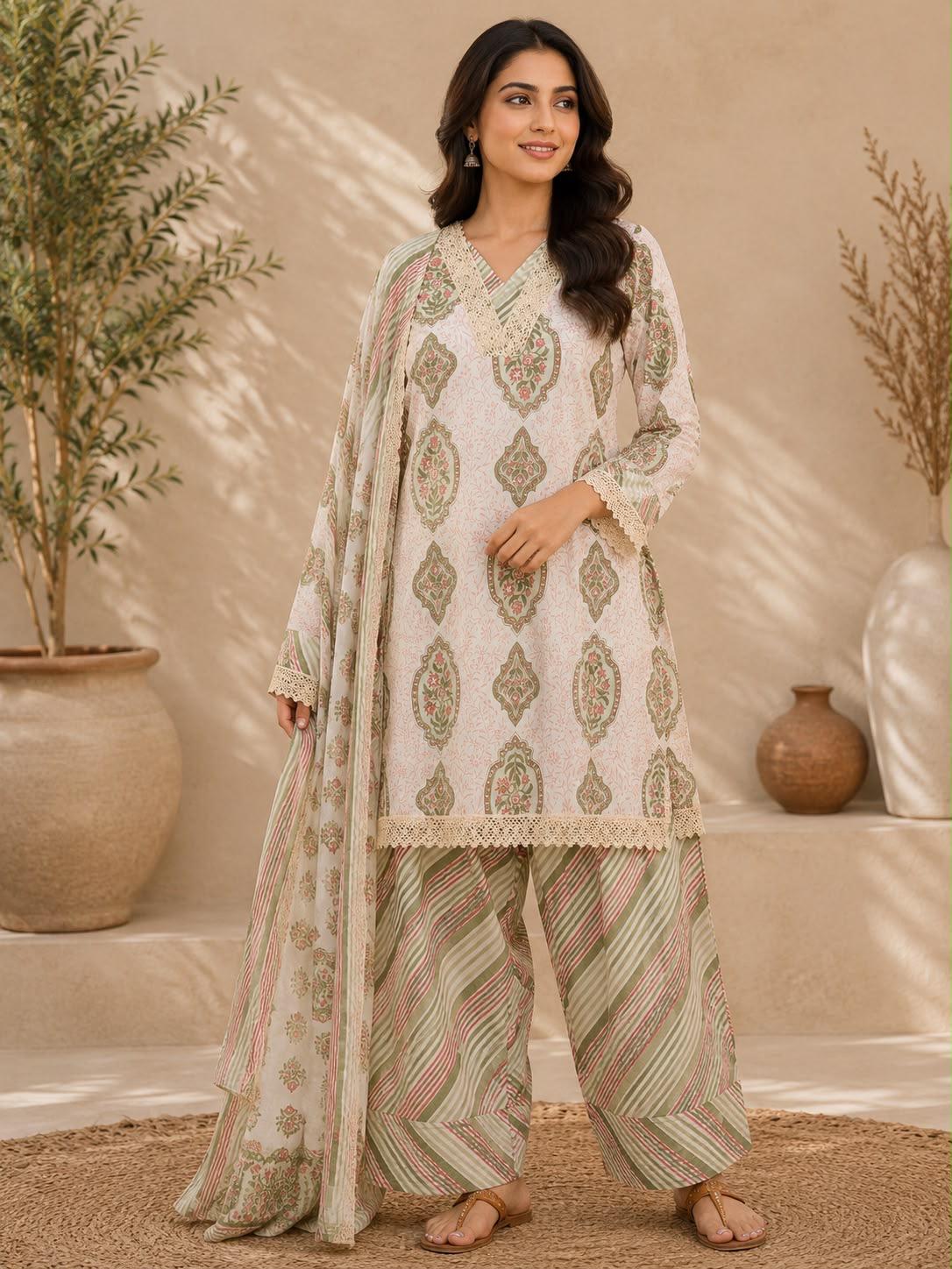 Ivory Mughal Medallion Block Print Lace Trim Kurta Palazzo Dupatta Set