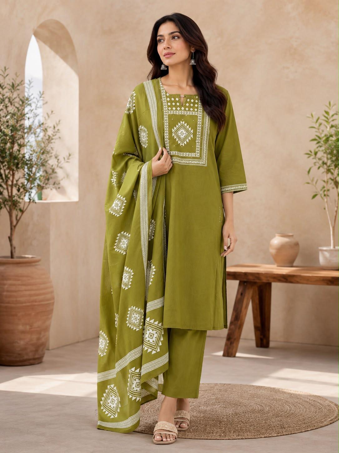 Olive Green Geometric Print Yoke Straight Kurta Pant Dupatta Set