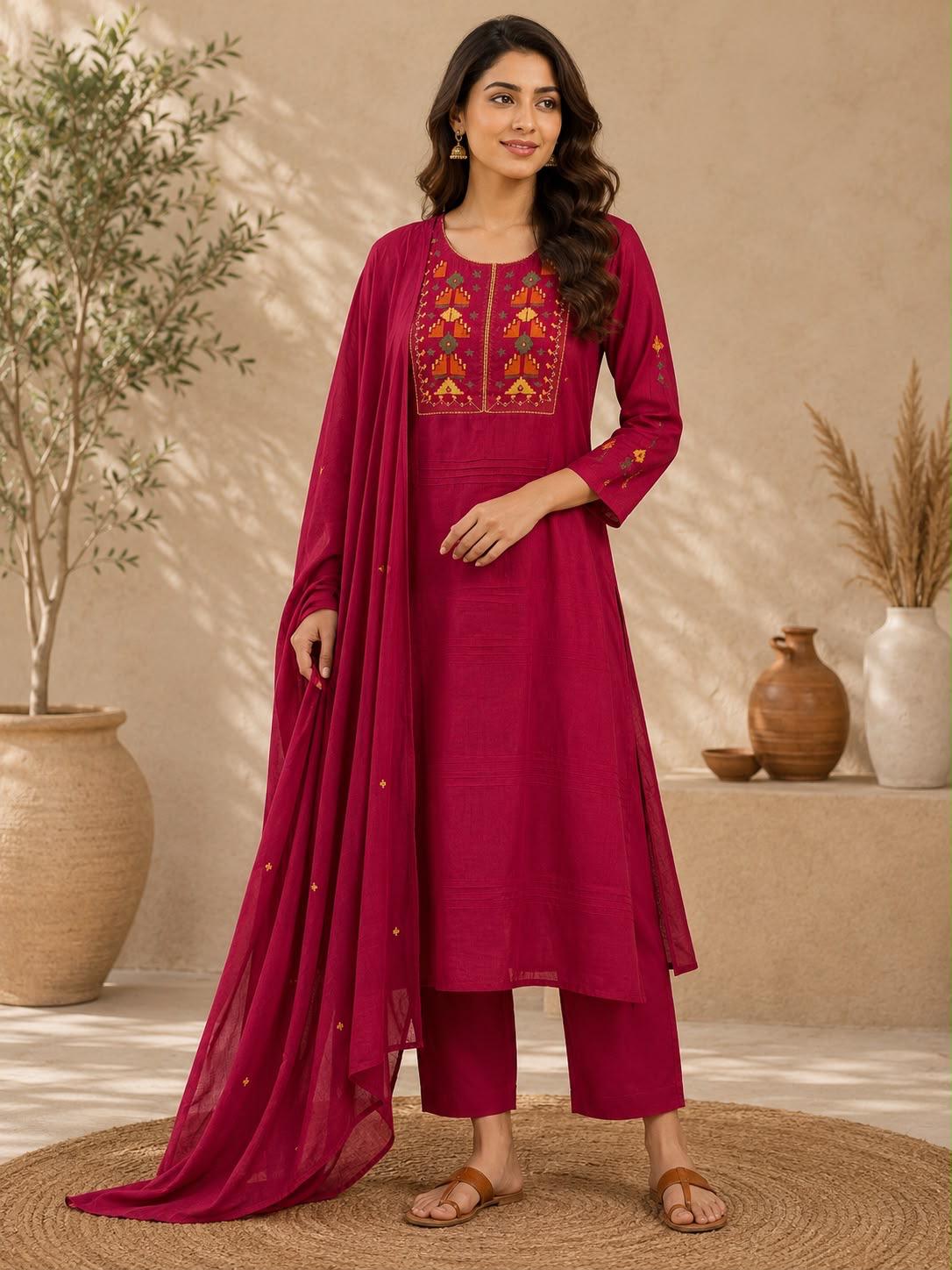 Magenta Rani Pink Geometric Embroidered Yoke Straight Kurta Pant Dupatta Set