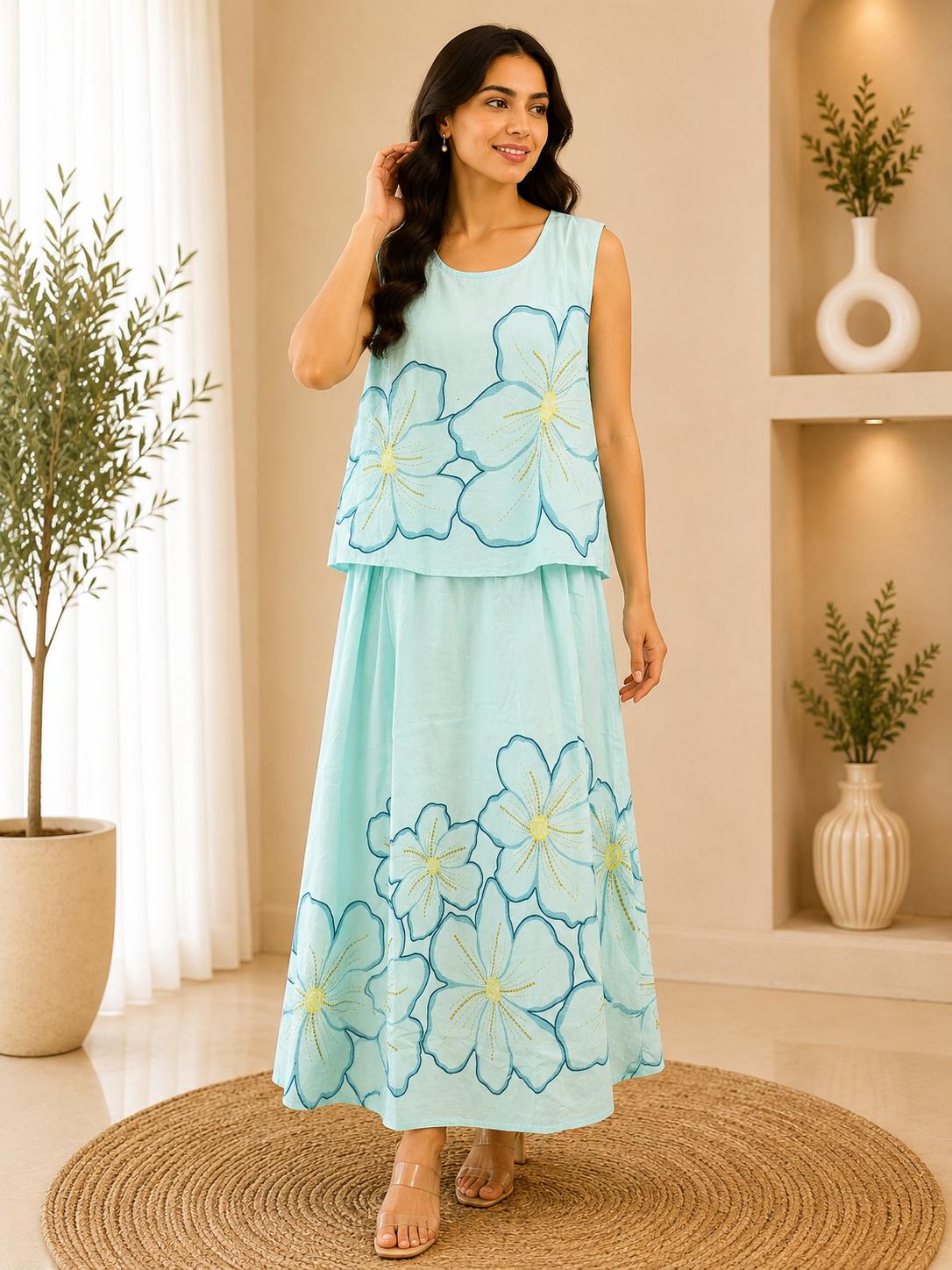 Sky Blue Large Floral Printed Sleeveless Top & Maxi Skirt Co-Ord Set