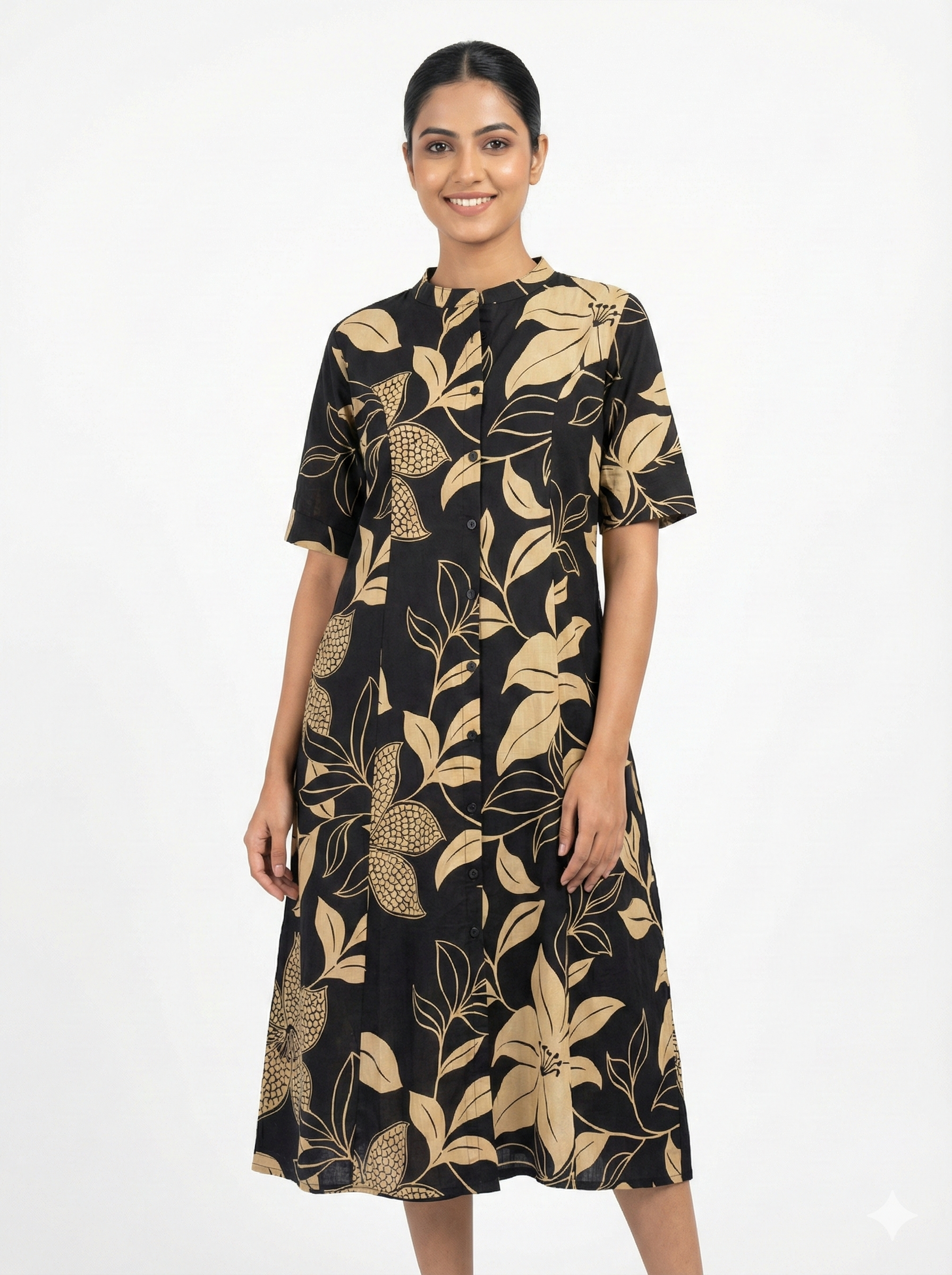 Black Beige Botanical Print Button Down Midi Shirt Dress