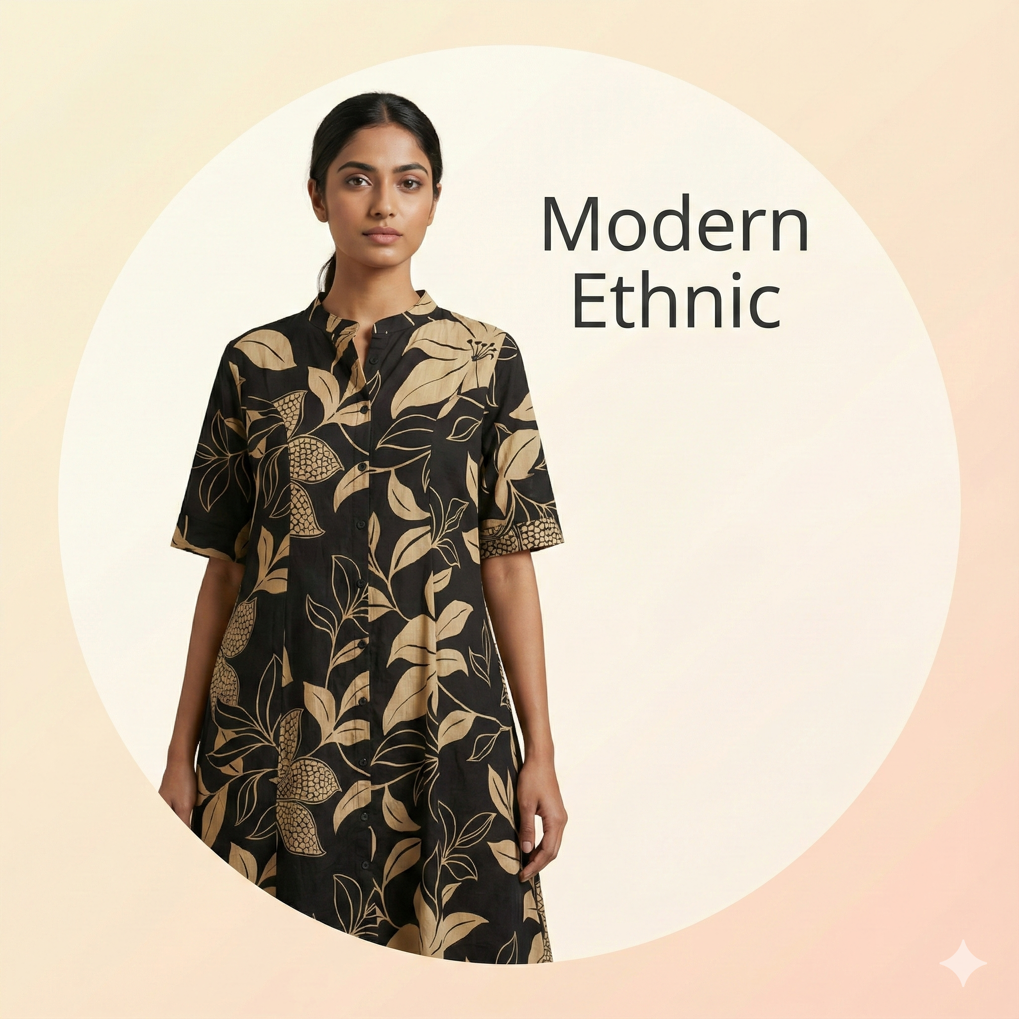 Black Beige Botanical Print Button Down Midi Shirt Dress
