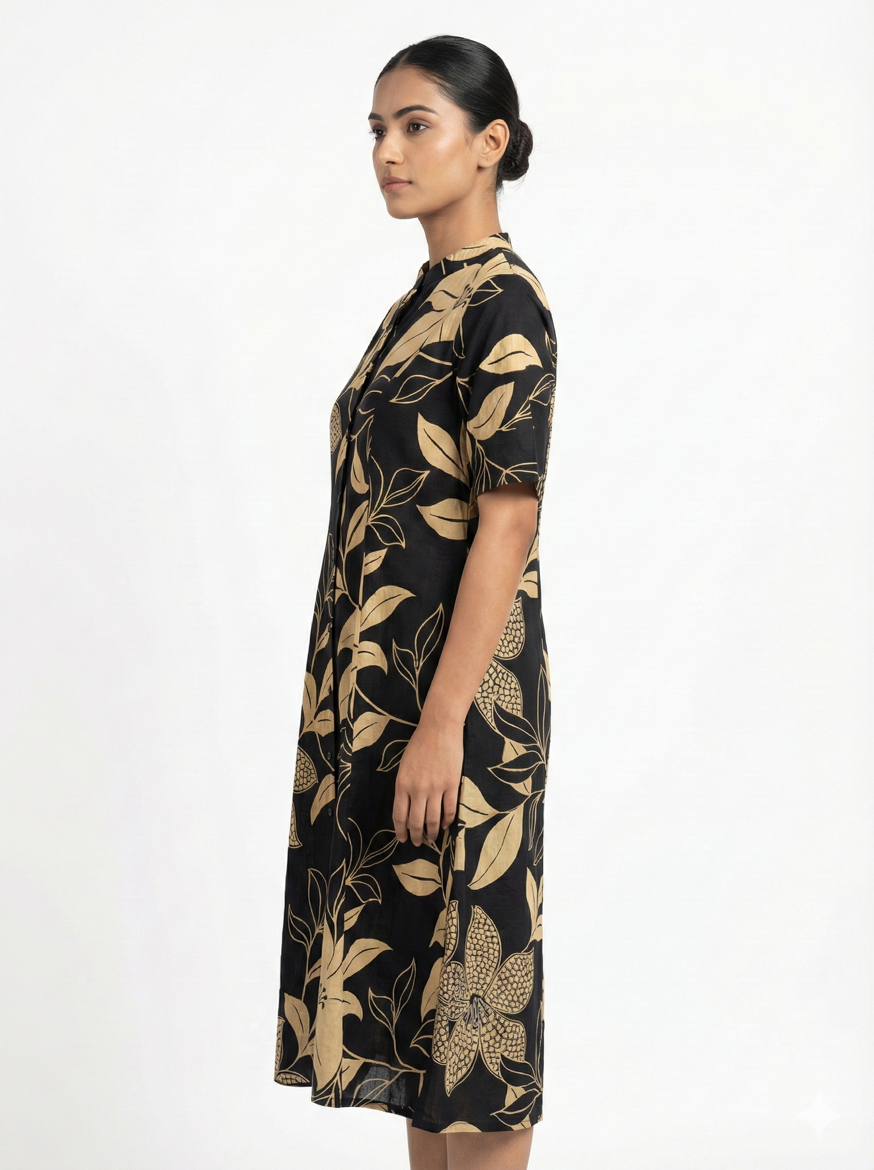 Black Beige Botanical Print Button Down Midi Shirt Dress