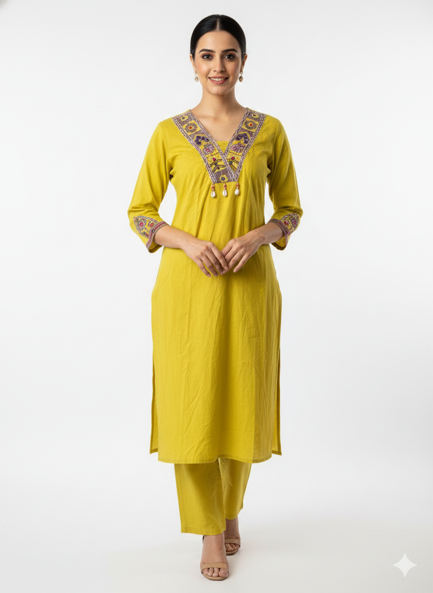 Mustard Yellow Embroidered V Neck Kurta Set