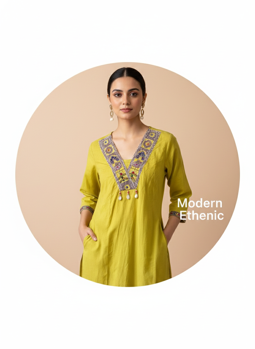 Mustard Yellow Embroidered V Neck Kurta Set