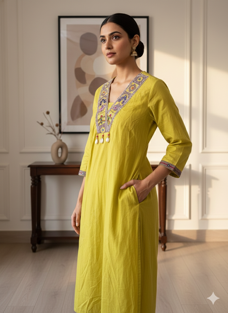 Mustard Yellow Embroidered V Neck Kurta Set