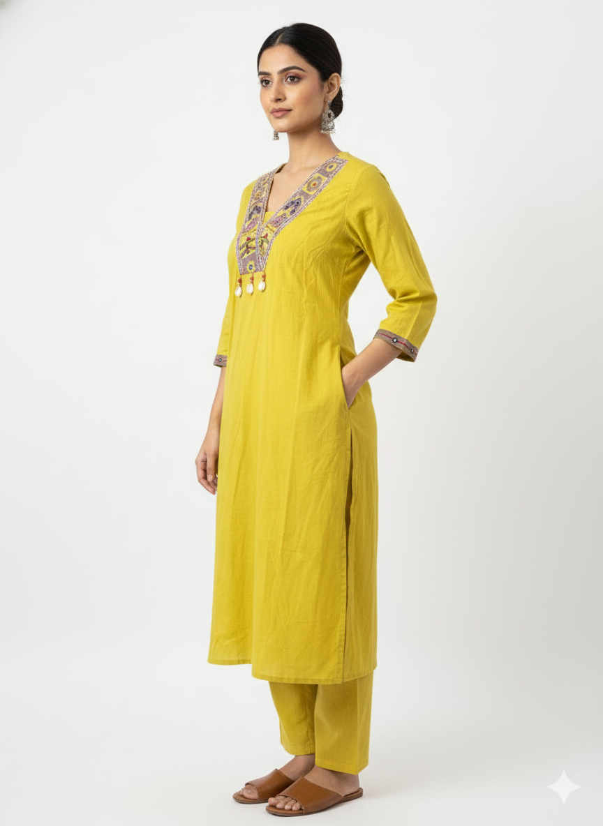 Mustard Yellow Embroidered V Neck Kurta Set