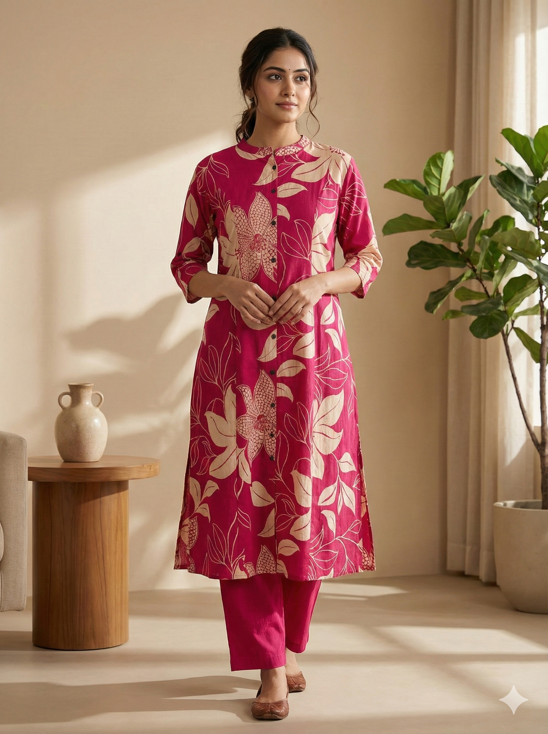 Pink Beige Botanical Print Kurta Pant Set