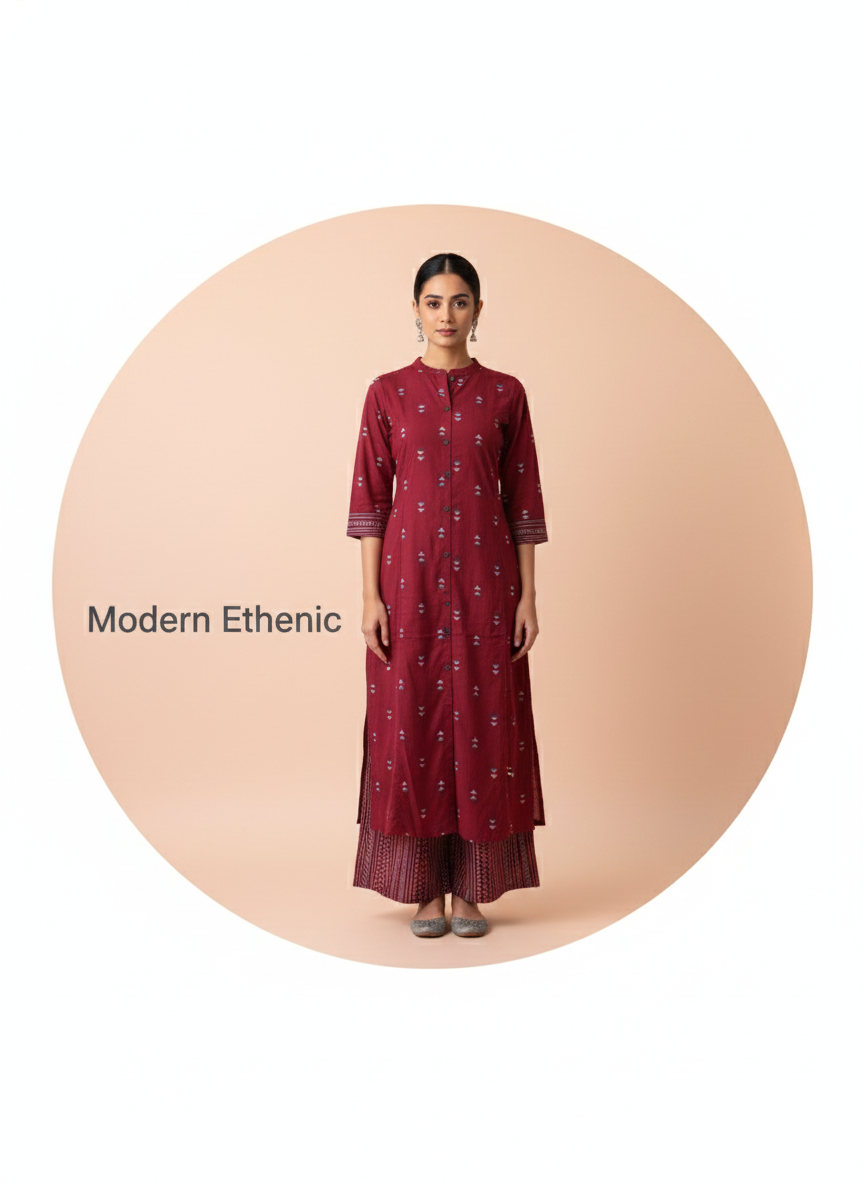 Maroon Geometric Print Button Front Kurta Set