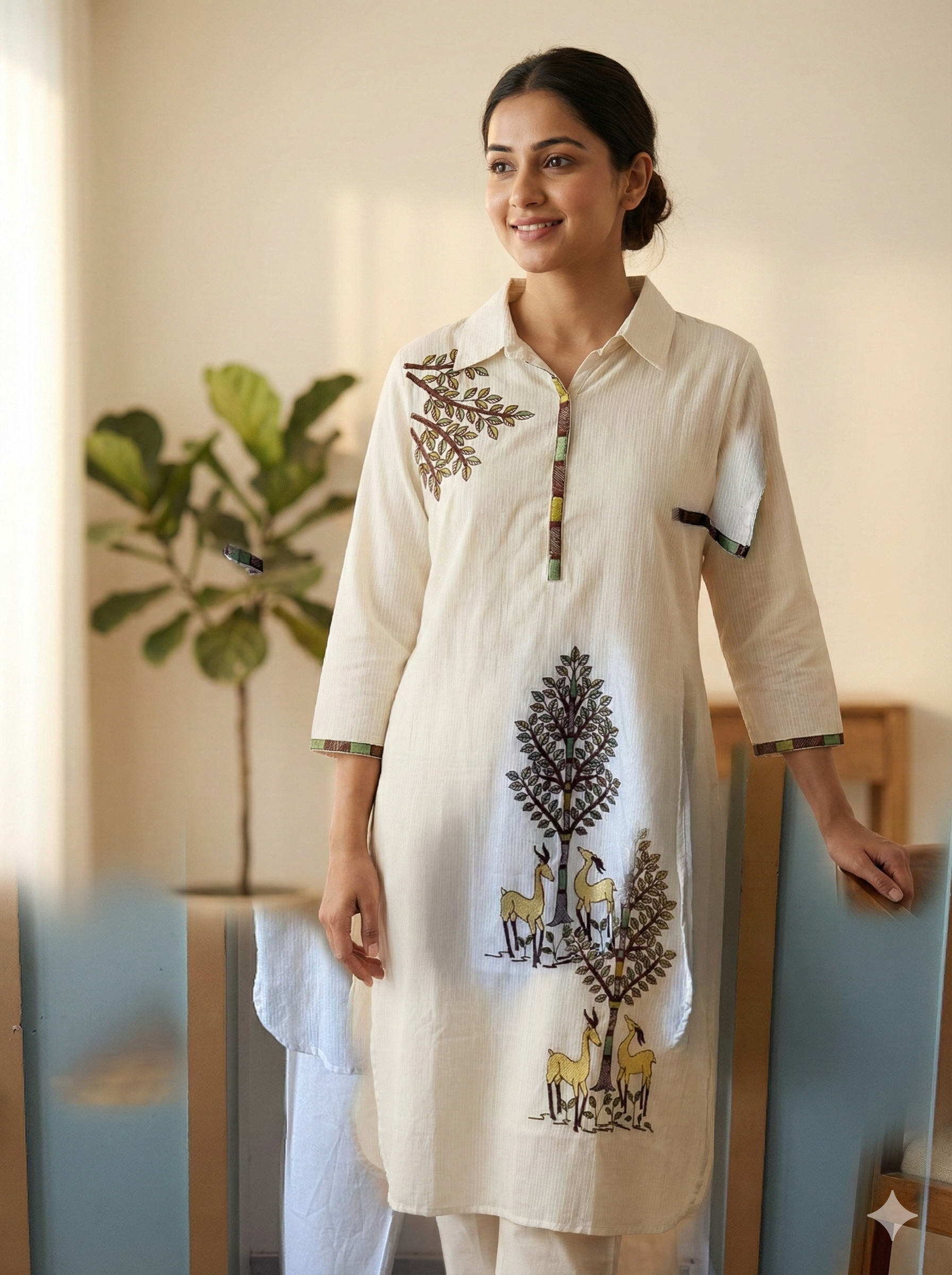 Ivory Nature Motif Embroidered Straight Kurta