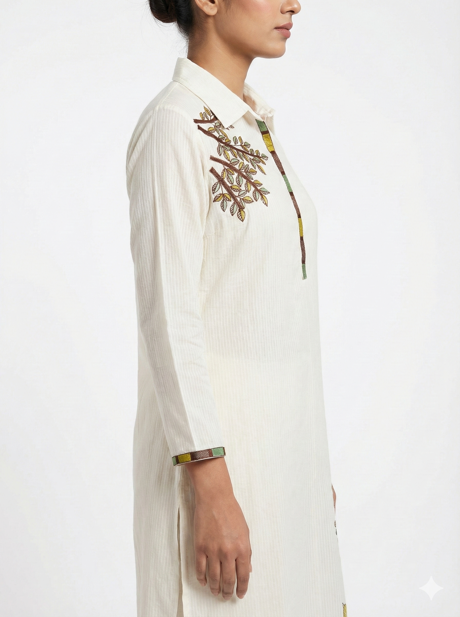 Ivory Nature Motif Embroidered Straight Kurta