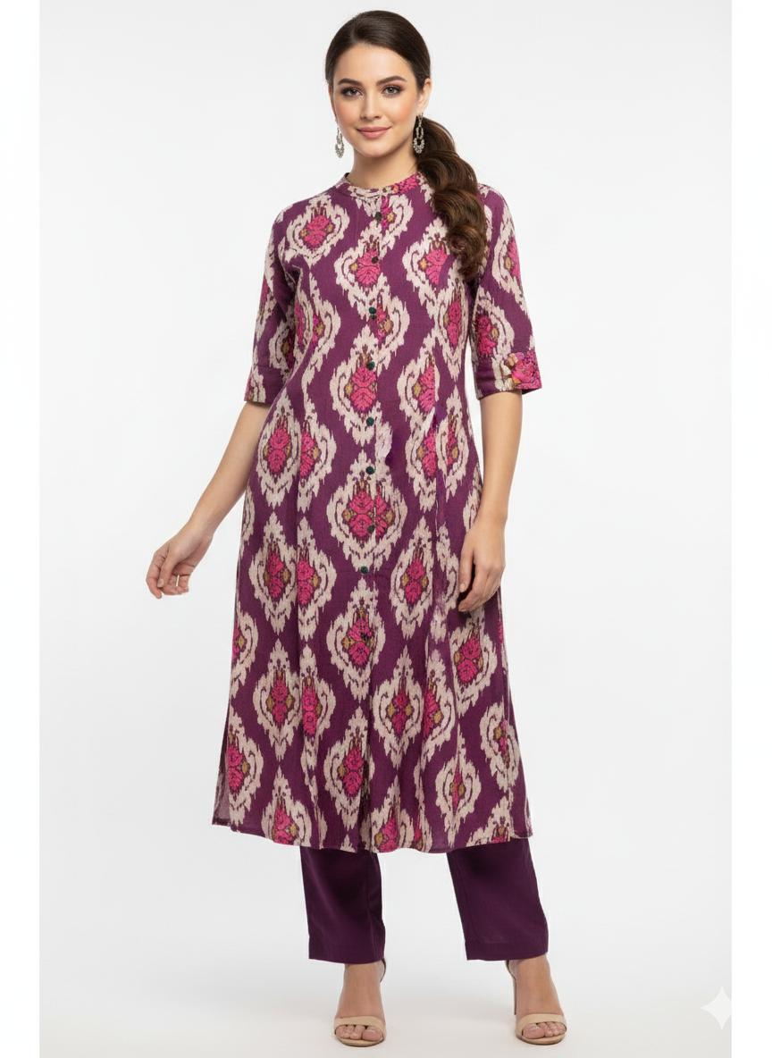 Purple Ikat Print Kurta Set with Button Detail