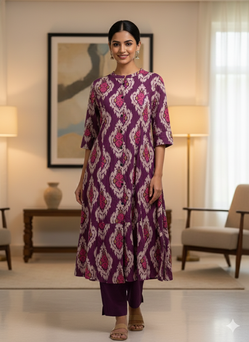 Purple Ikat Print Kurta Set with Button Detail