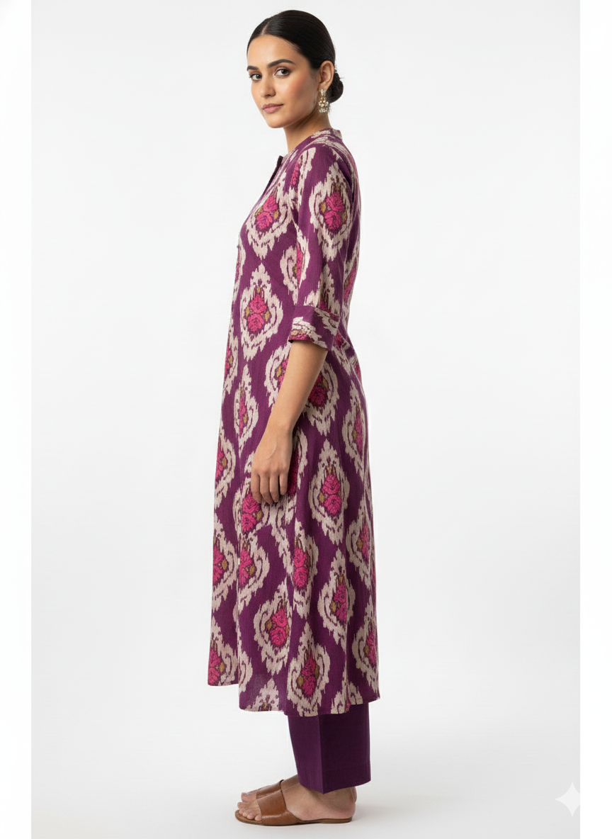 Purple Ikat Print Kurta Set with Button Detail
