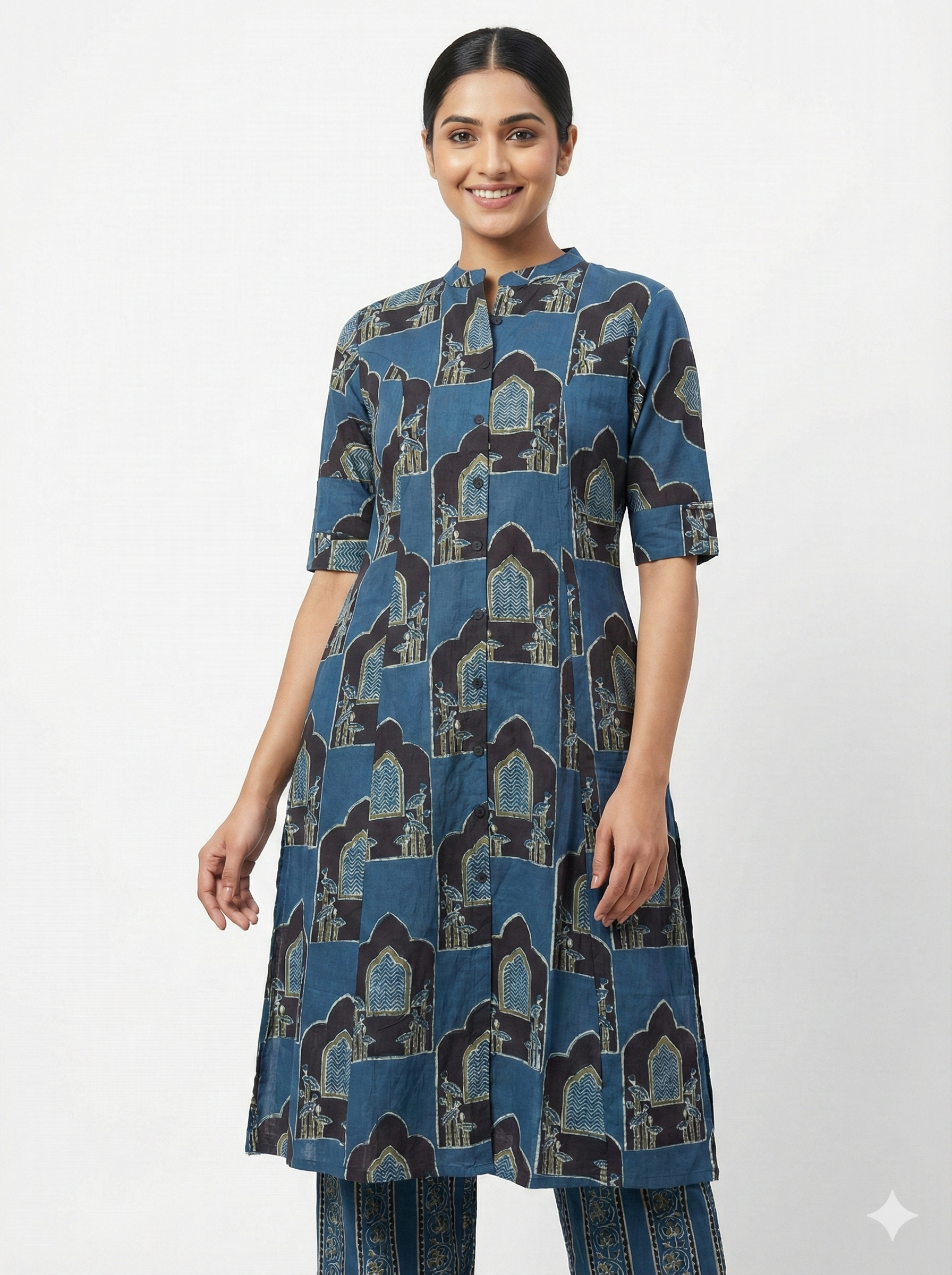 Blue Printed Kurta Set with Architectural Motif Design