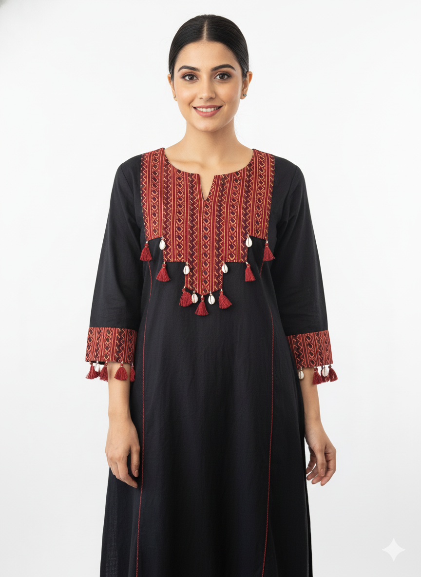 Black Kurta with Red Ethnic Embroidery and Tassel Detail
