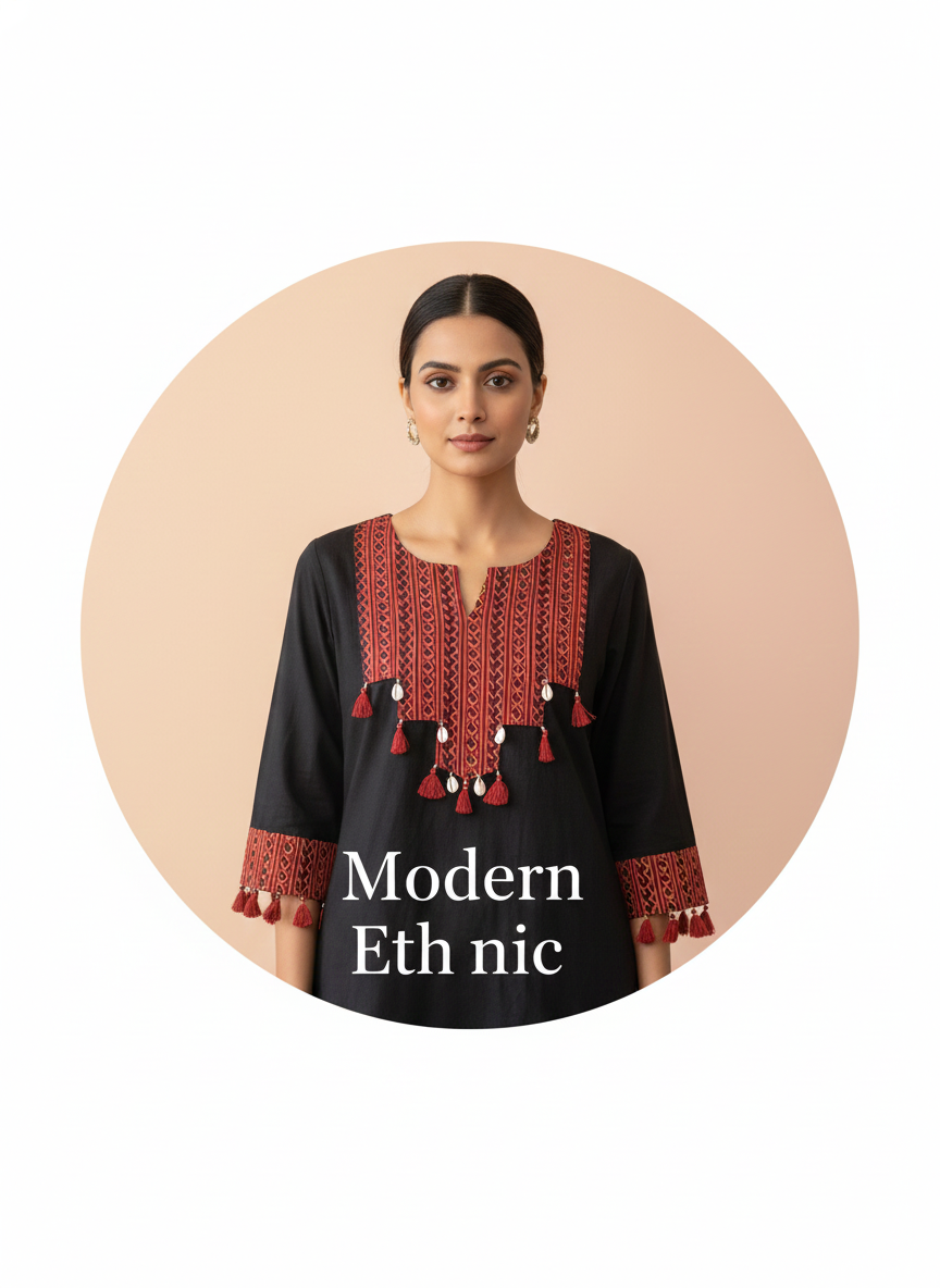 Black Kurta with Red Ethnic Embroidery and Tassel Detail