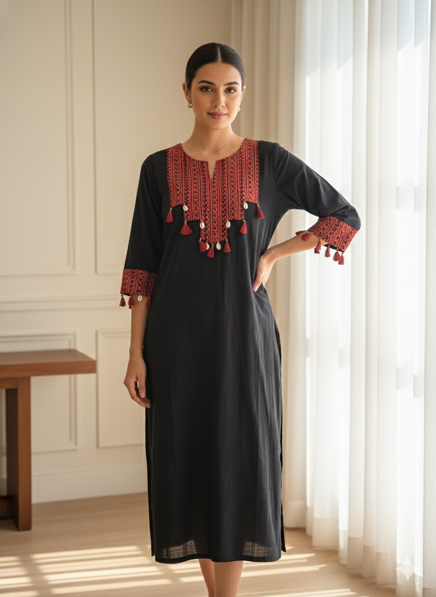 Black Kurta with Red Ethnic Embroidery and Tassel Detail