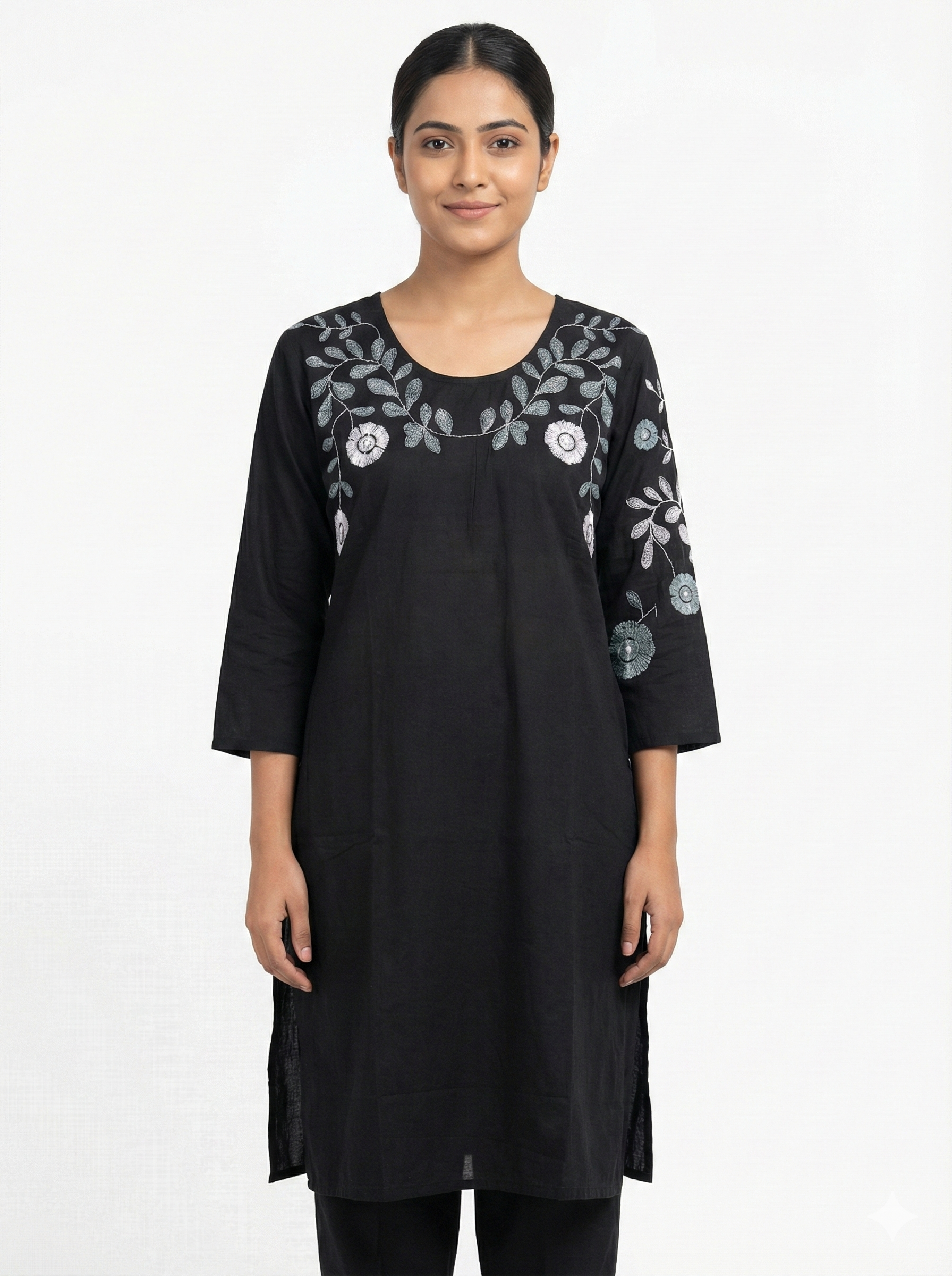 Black Floral Embroidered Cotton Kurta Set For Women