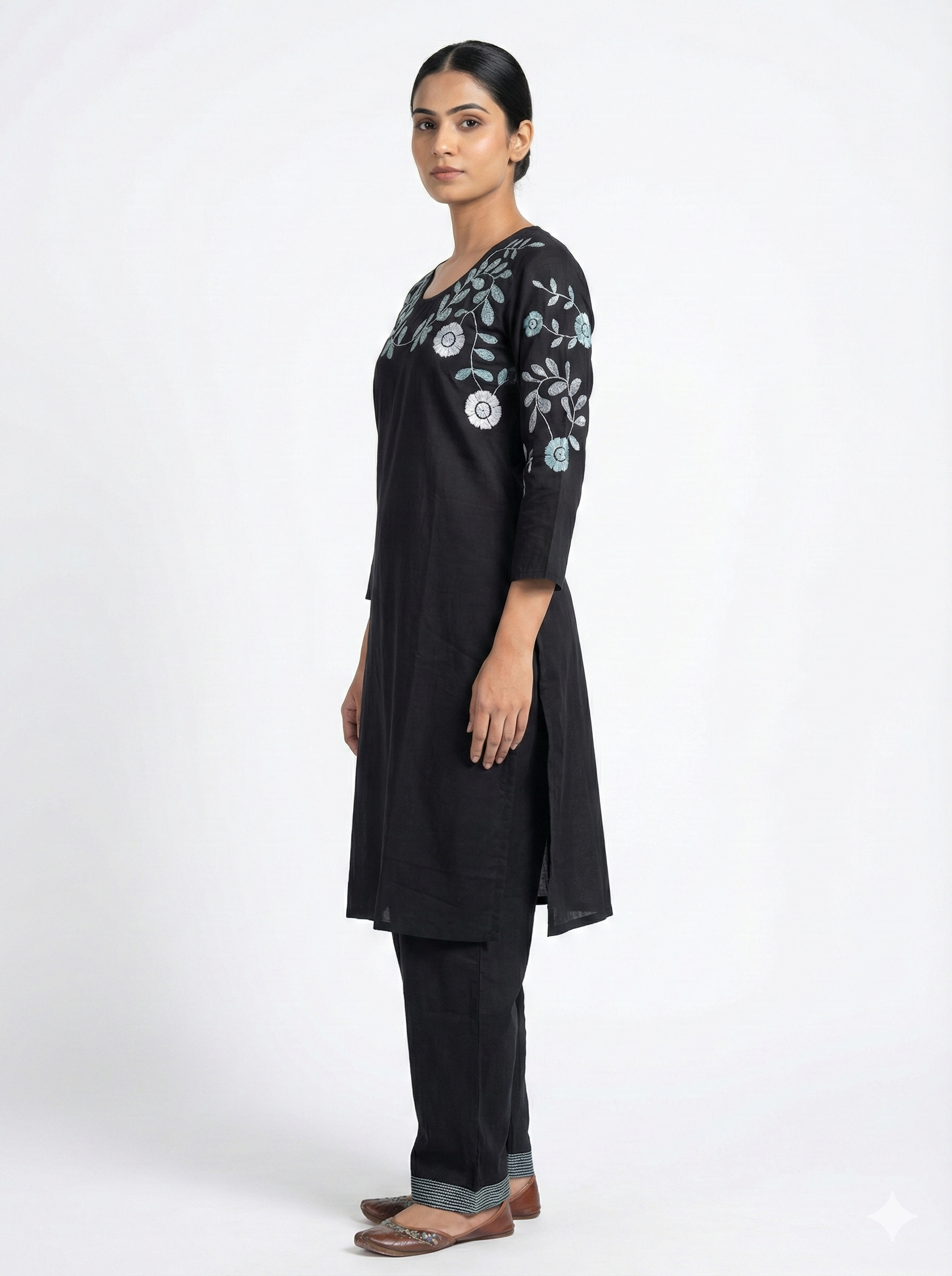 Black Floral Embroidered Cotton Kurta Set For Women