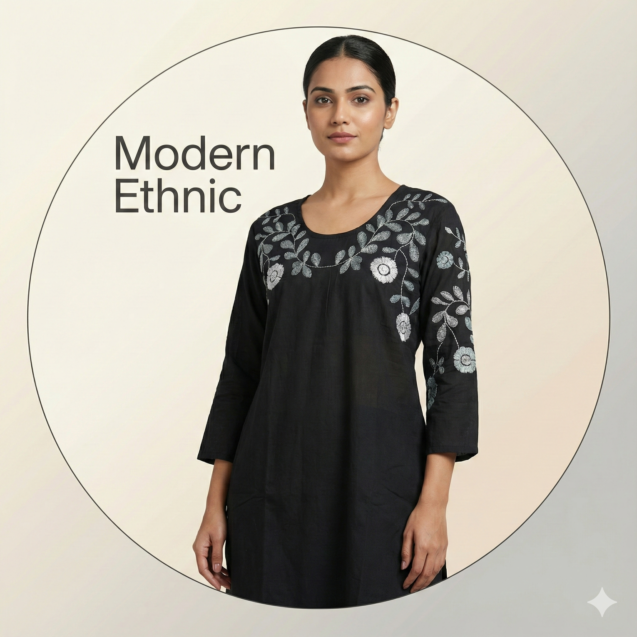 Black Floral Embroidered Cotton Kurta Set For Women