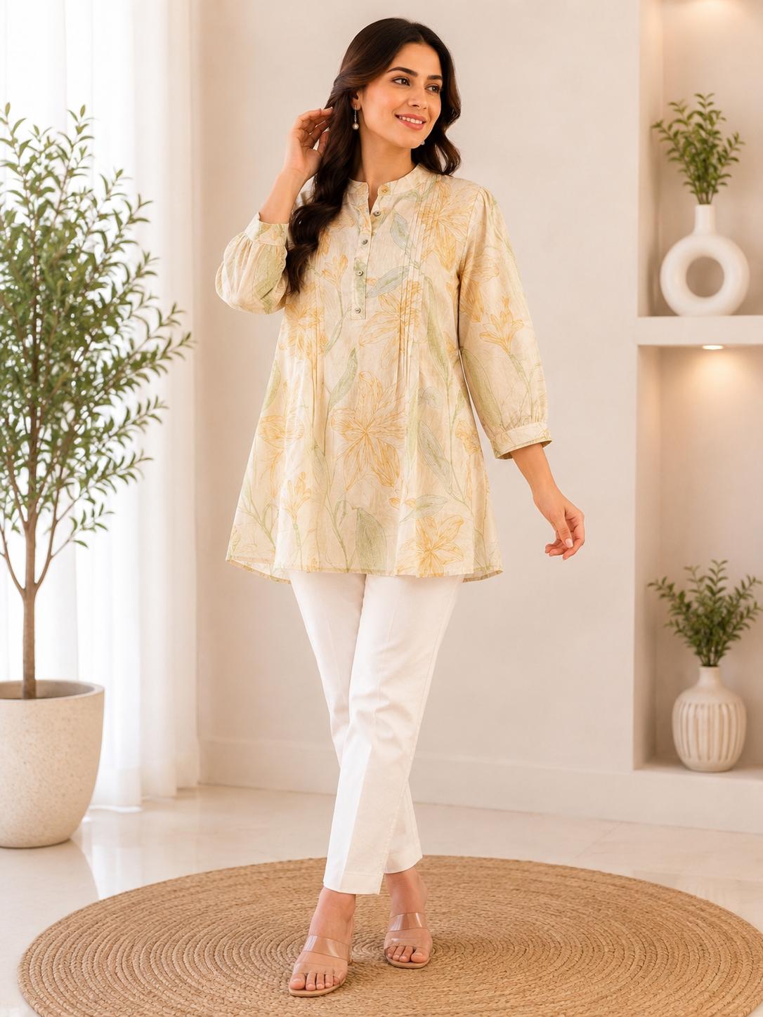 Cream Watercolour Floral Print Pintuck Mandarin Collar Top