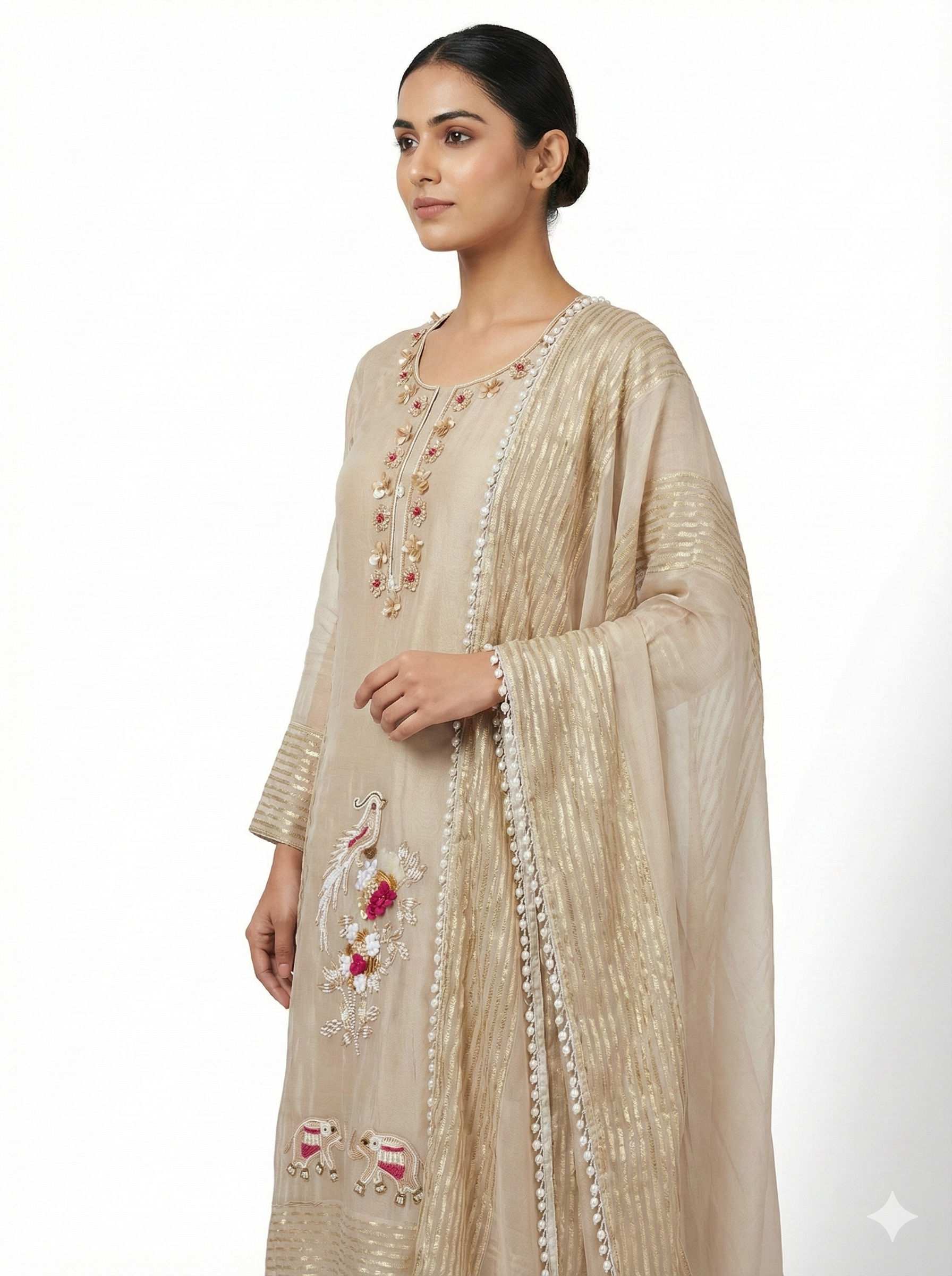 Beige Embroidered Kurta Pant Dupatta Set for Women