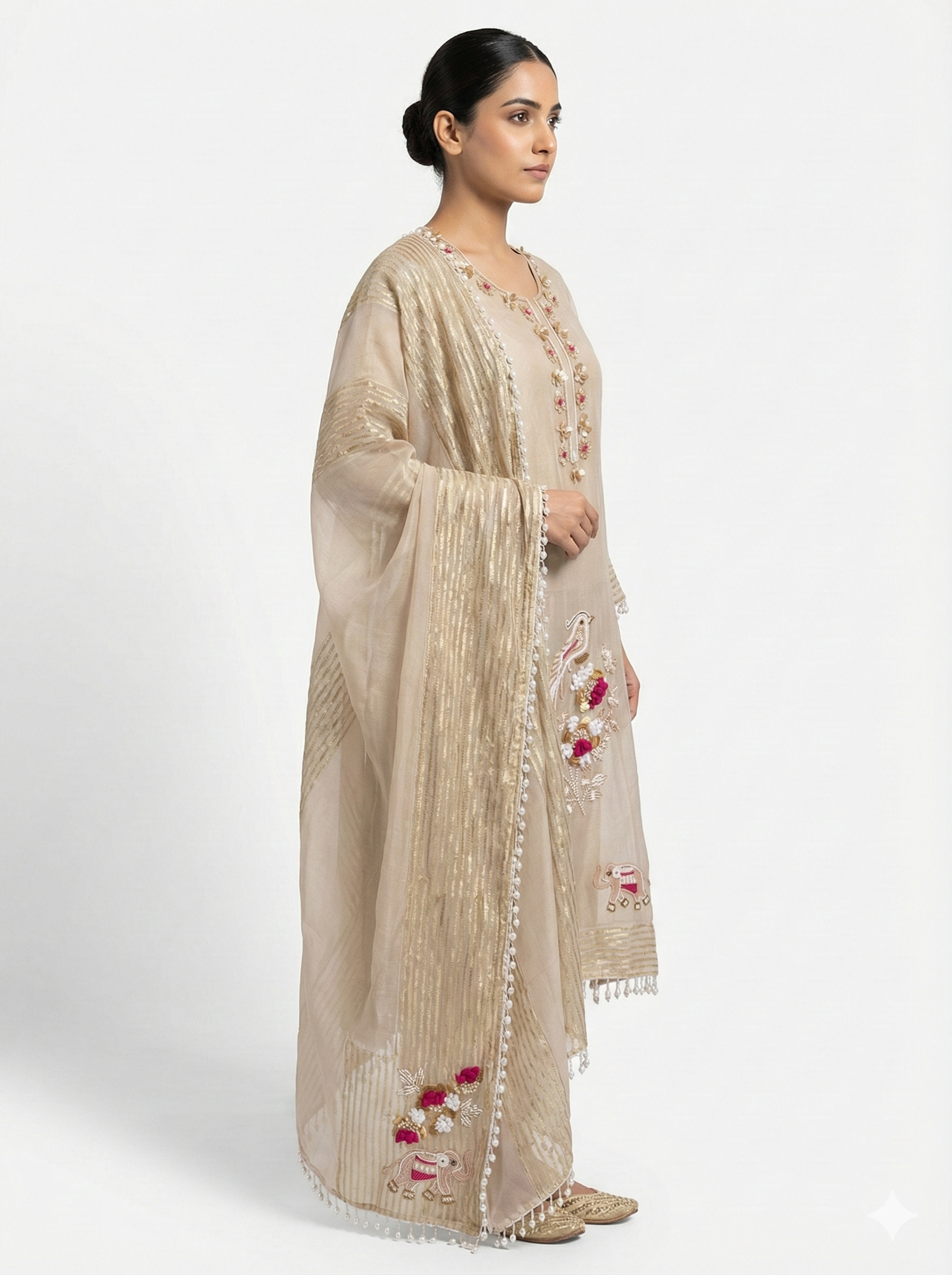 Beige Embroidered Kurta Pant Dupatta Set for Women
