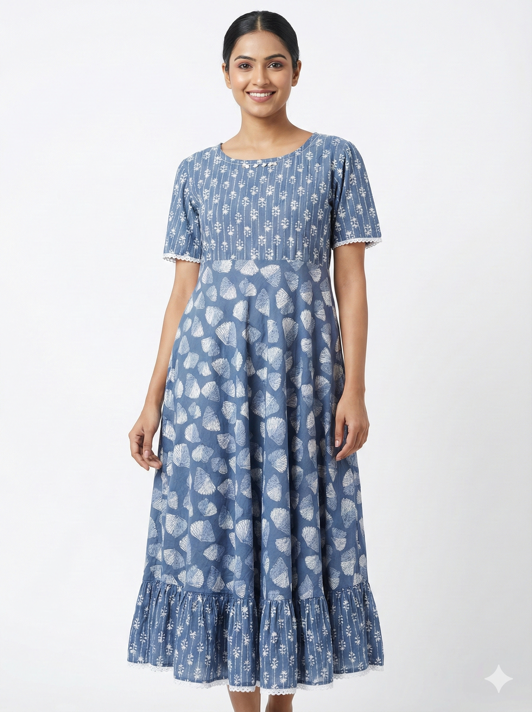 Blue Printed Cotton Flared Kurti for Women