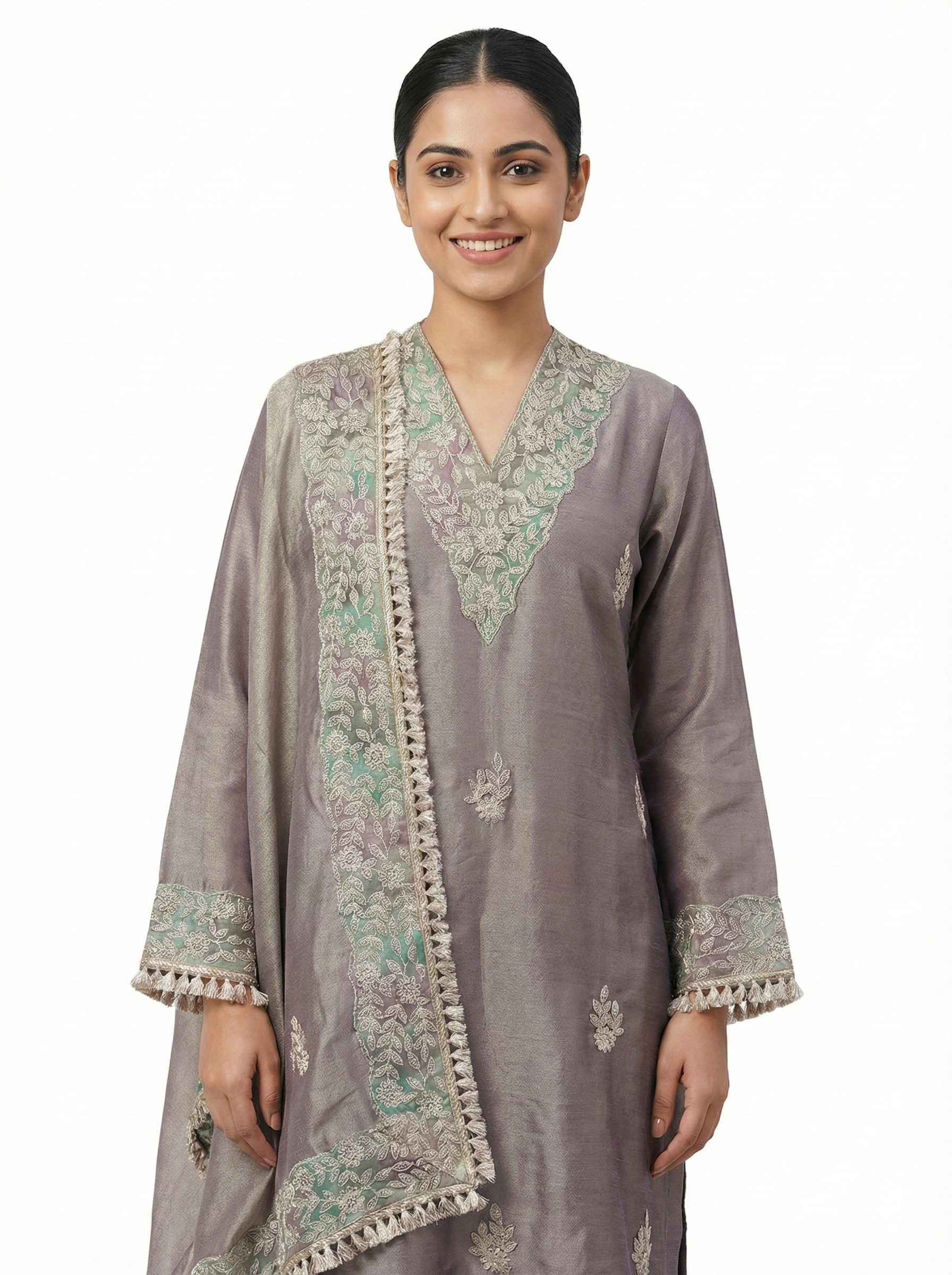 Peach Chanderi Embroidered Suit Set with Designer Dupatta