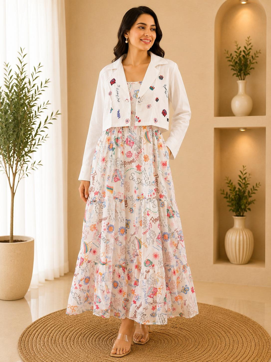 White Graffiti Print Tiered Maxi Dress with Embroidered Crop Jacket