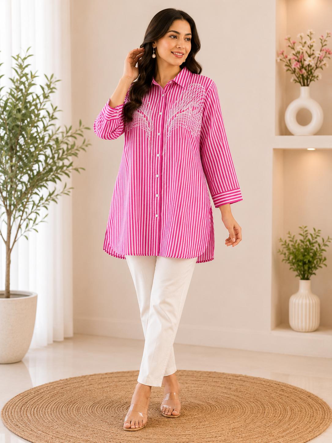 Hot Pink & White Stripe Peacock Feather Embroidered Shirt Top