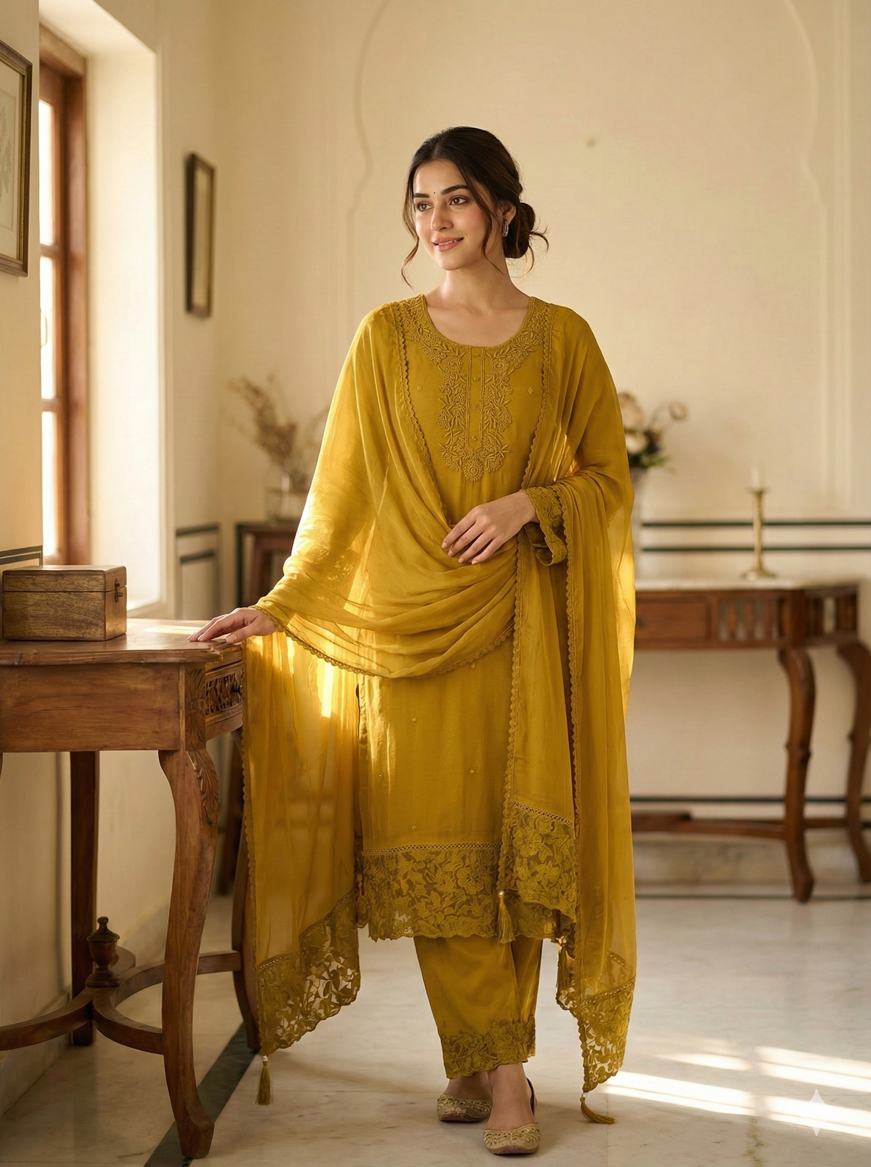 Mustard Embroidered Kurta Set with Dupatta
