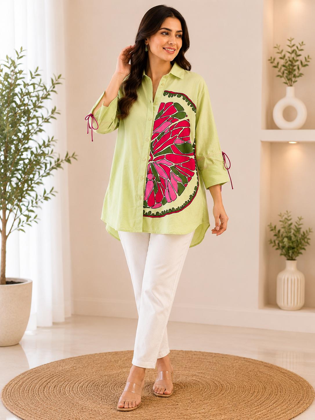 Lime Green Watermelon Slice Applique Print Oversized Shirt Top
