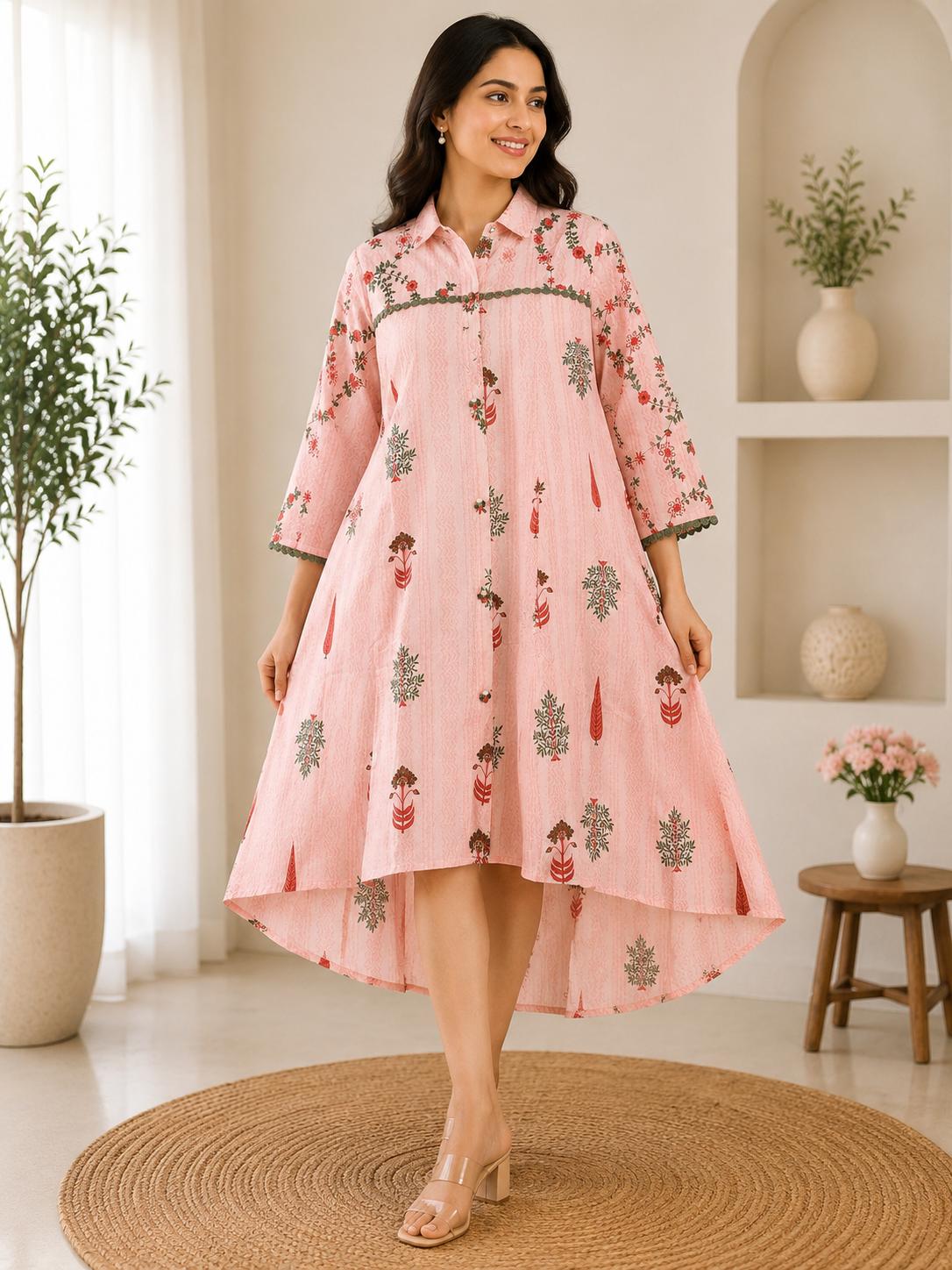 Blush Pink Floral Block Print High-Low Shirt Dress