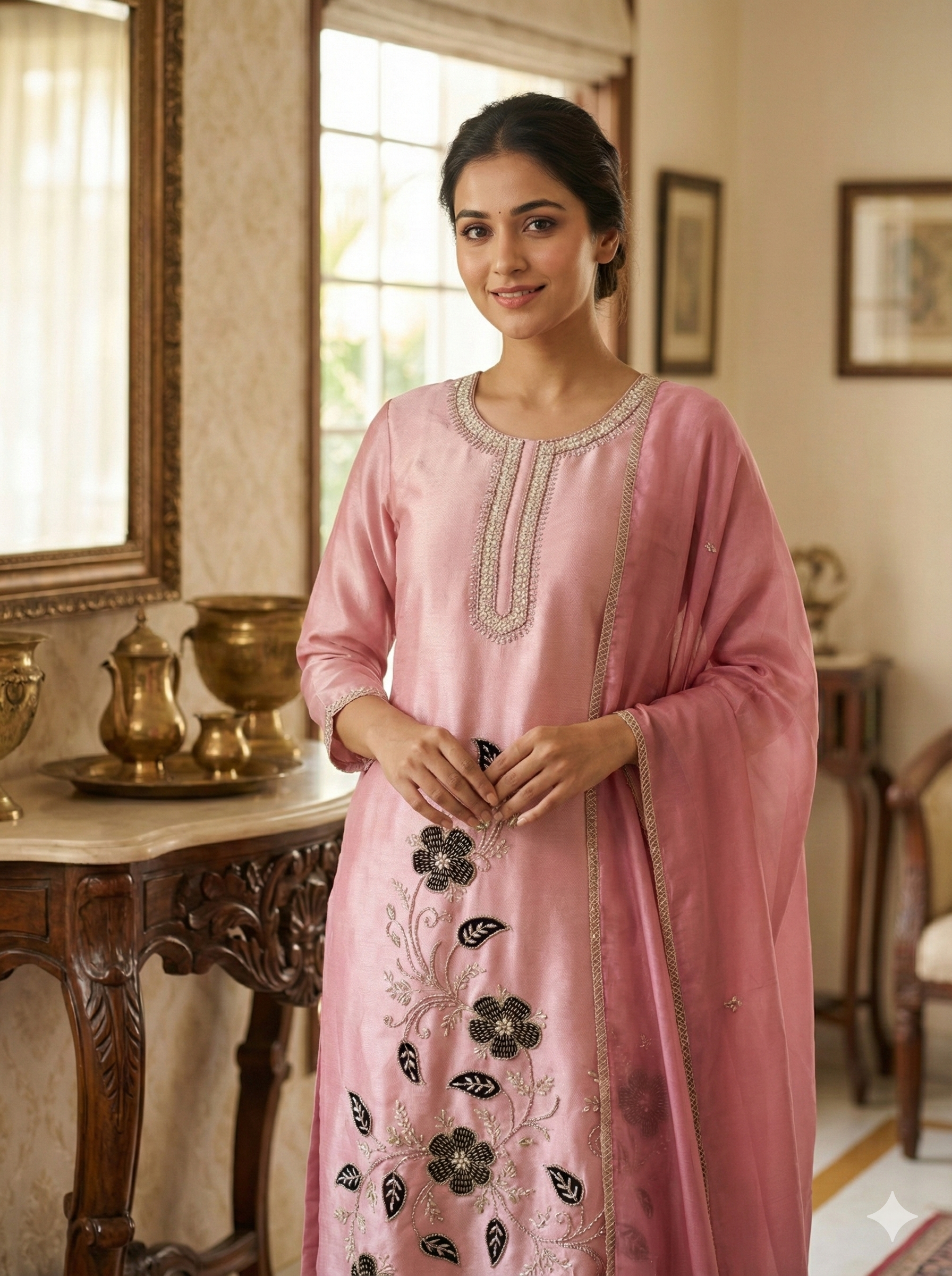 Rose Pink Floral Embroidered Suit Set with Dupatta