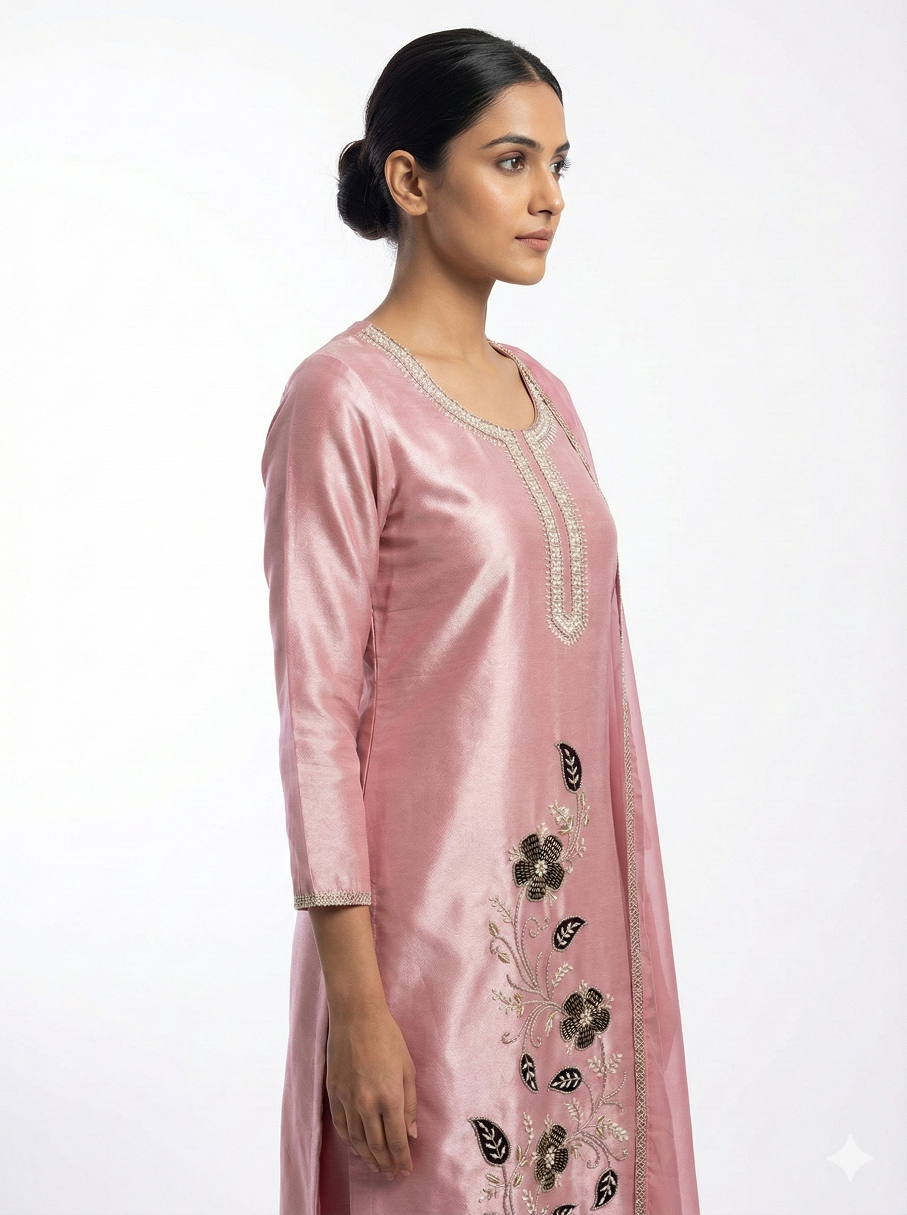 Rose Pink Floral Embroidered Suit Set with Dupatta