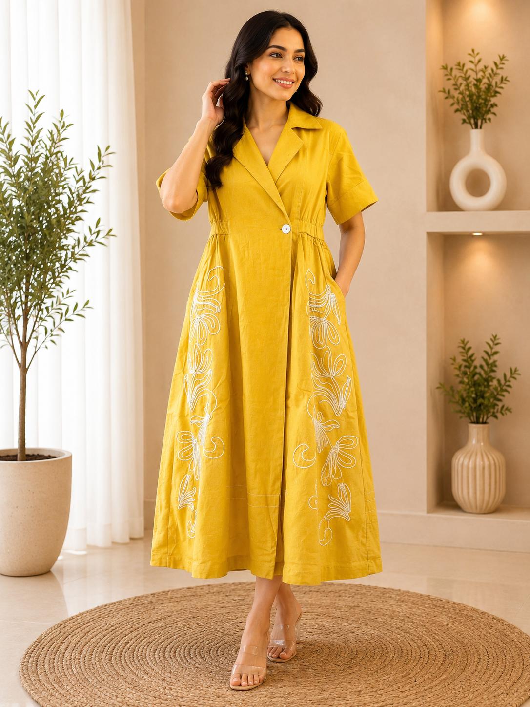 Mustard Yellow Embroidered Floral Lapel Collar Midi Dress