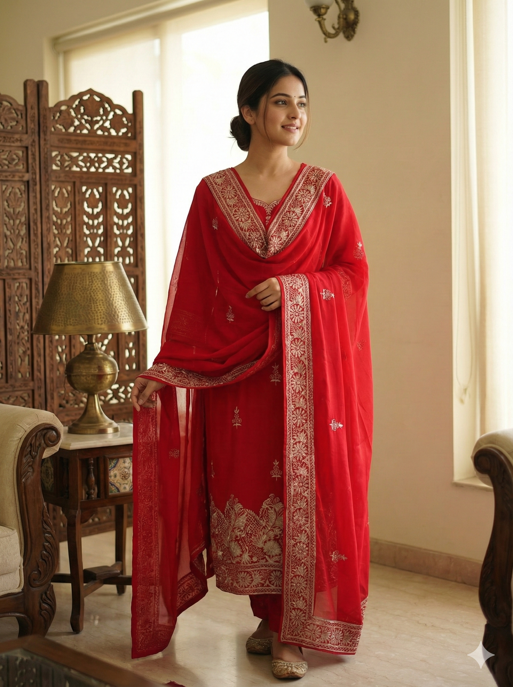 Rust Burnt Orange Chanderi Kota Silk Suit Set