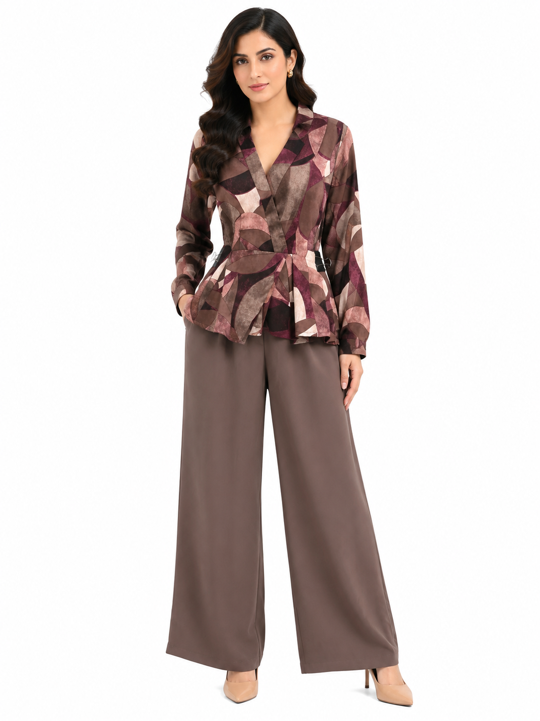 Brown Abstract Print Peplum Co-Ord Set for Women