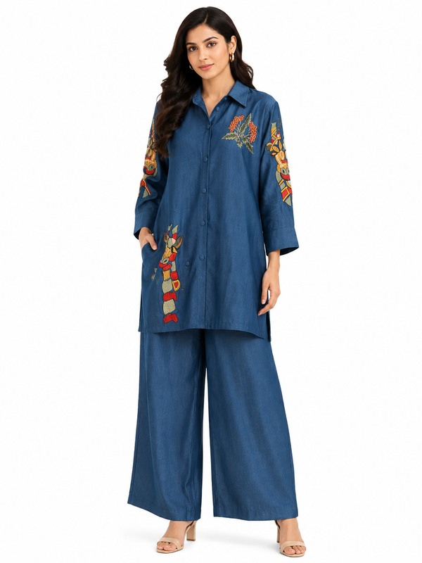 Denim Blue Embroidered Co-Ord Set for Women – Premium Shirt & Wide Leg Pants
