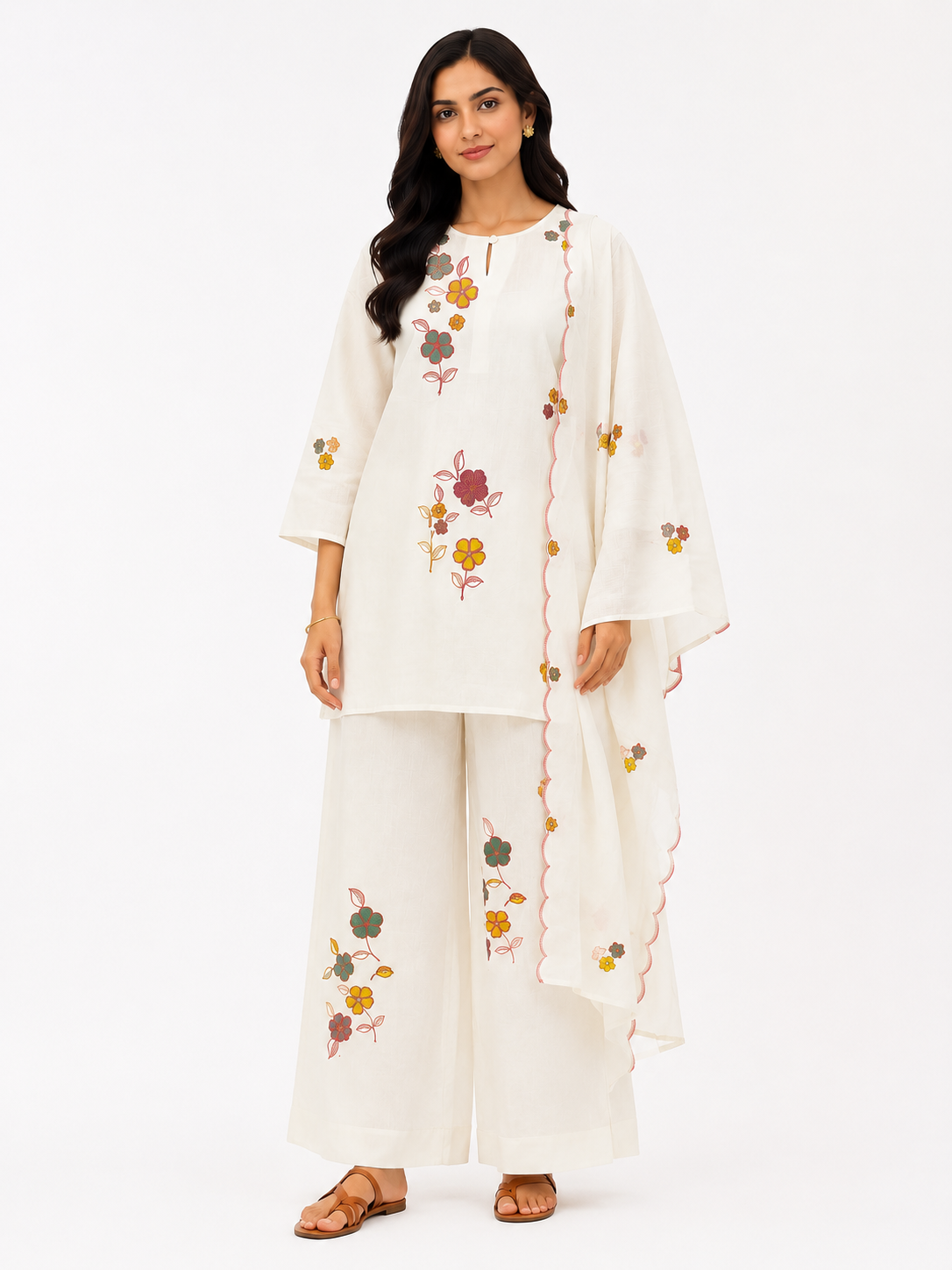 Ivory Floral Embroidered Cotton Suit Set with Dupatta for Women