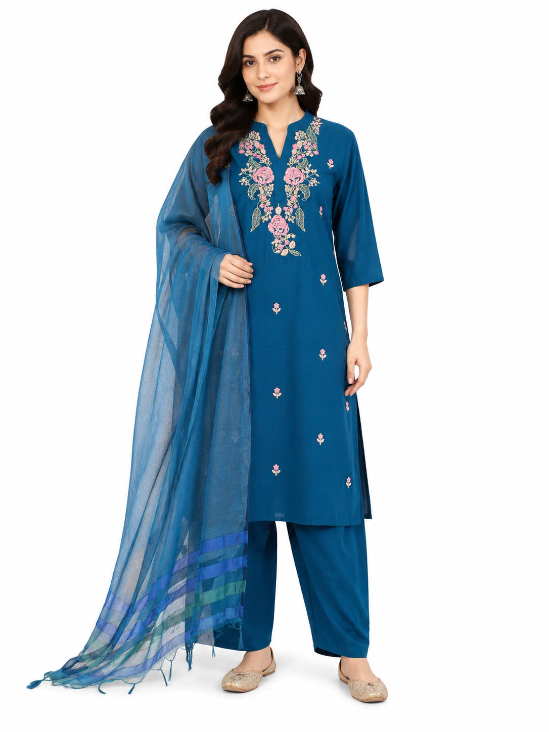Teal Blue Floral Embroidered Cotton Suit Set with Dupatta