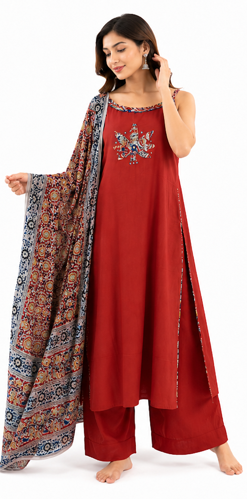 Maroon Cotton Kurta Palazzo Set with Printed Dupatta